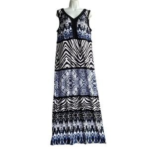 Chicos 2 Kit Ikat Print Jersey Maxi Dress V-Neck Blue Black White Sleeveless L